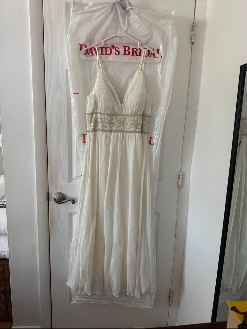 David's Bridal Ivory Spaghetti-Strap Chiffon Gown with Beaded Waistband